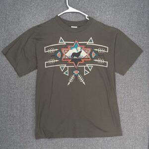 Vintage Alore Wolf print t shirt Mens L Olive Single stitch Made in usa Aztec SS